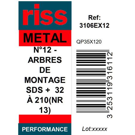 Arbre de montage SDS+ N°12 pour scie trépan (Ø32 à 210mm) - Riss