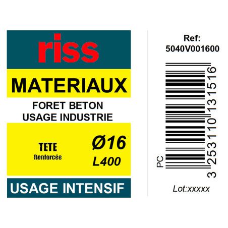 Foret béton industrie qualité Pro Ø16 x 400mm - Riss